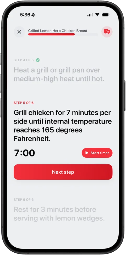 Step-by-step instructions with timers built in in the Anychef app