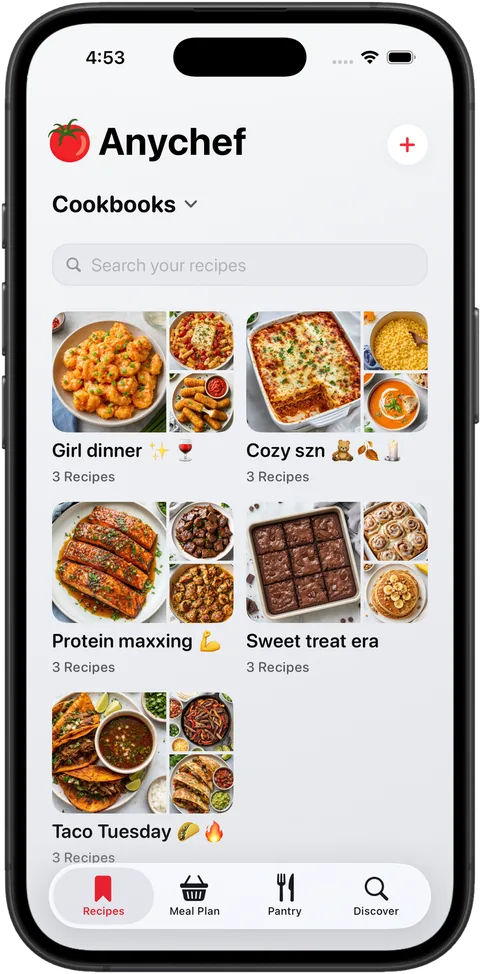 Keep every recipe in cookbooks that make sense to you in the Anychef app