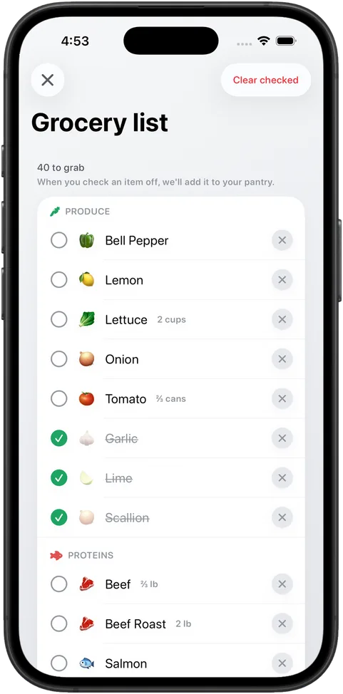 Anychef aisle-sorted grocery list