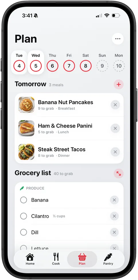 Anychef meal plan and grocery list