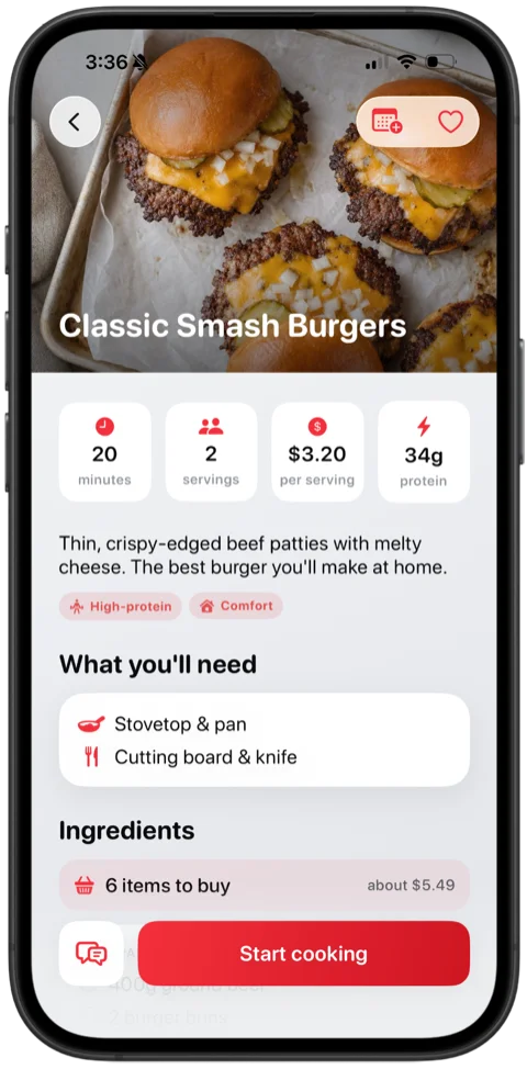 Anychef recipe page with macros and cost per serving